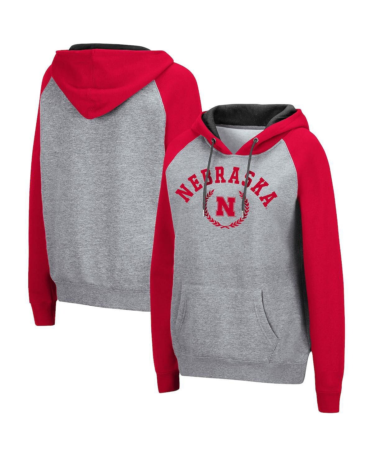 

Женский серый пуловер с капюшоном Nebraska Huskers с контрастным регланом и принтом Colosseum
