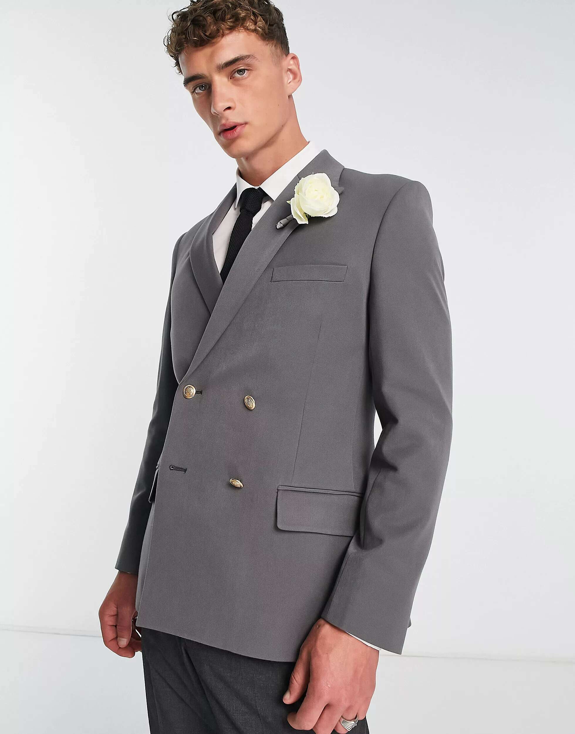 цена Свадебный темно-серый пиджак скинни с золотыми пуговицами ASOS