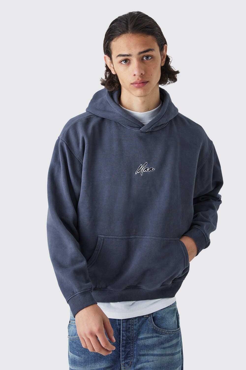 

Мужская толстовка с капюшоном оверсайз Boxy Acid Washed boohooMAN, серый