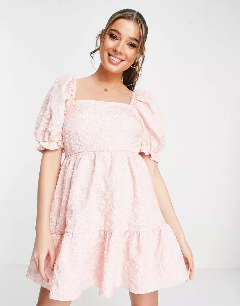 

Розовое жаккардовое платье мини с объемными рукавами Miss Selfridge