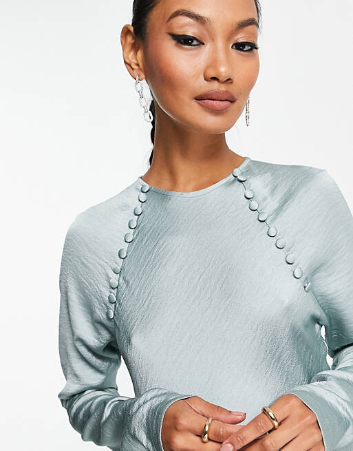 

Серебристо-синее атласное платье макси с пуговицами ASOS DESIGN