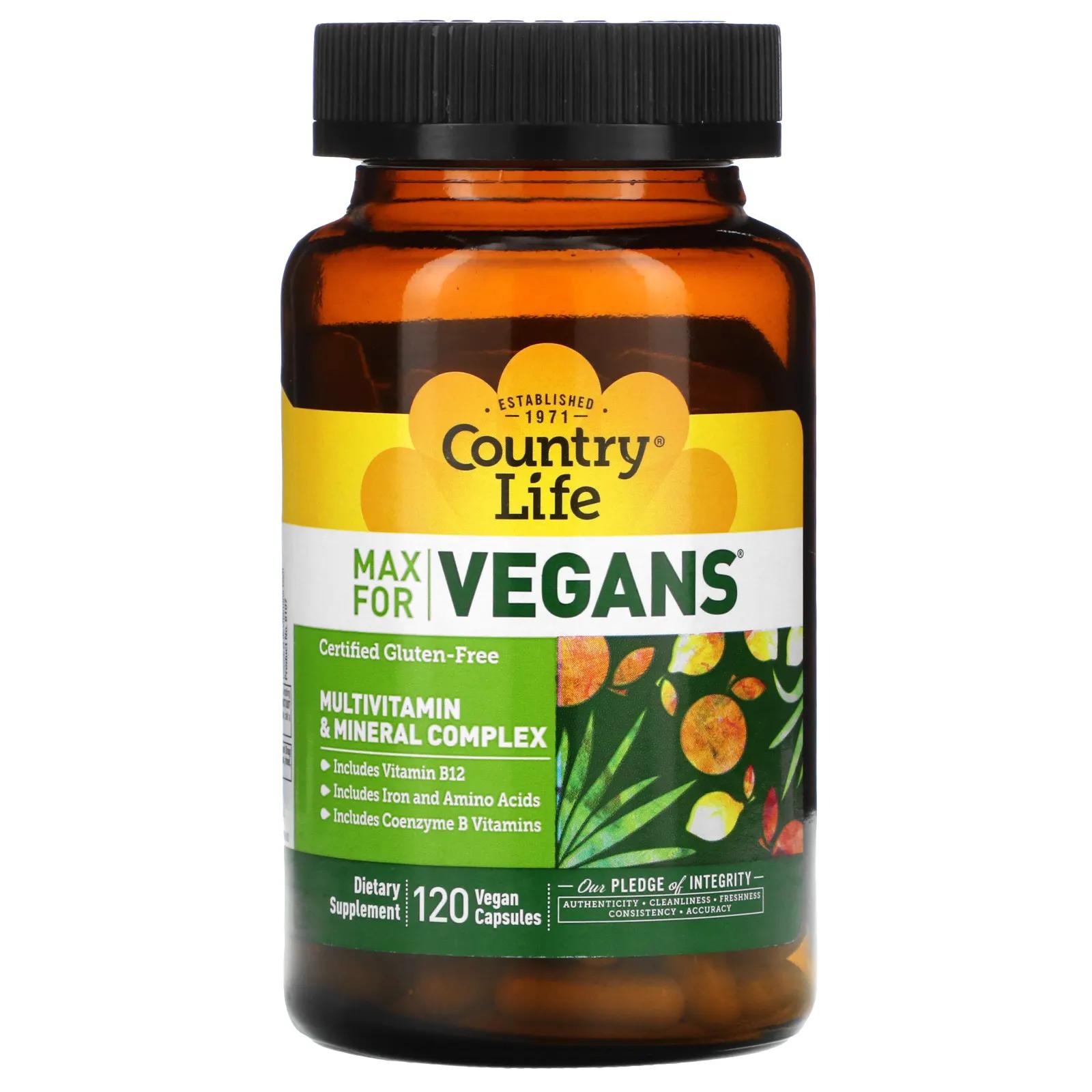 Country Life Max for Vegans комплекс мультивитаминов и минералов 120 веганских капсул