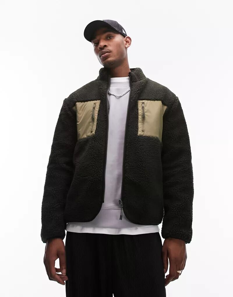 

Меховая куртка Topman цвета хаки с нейлоновыми вставками