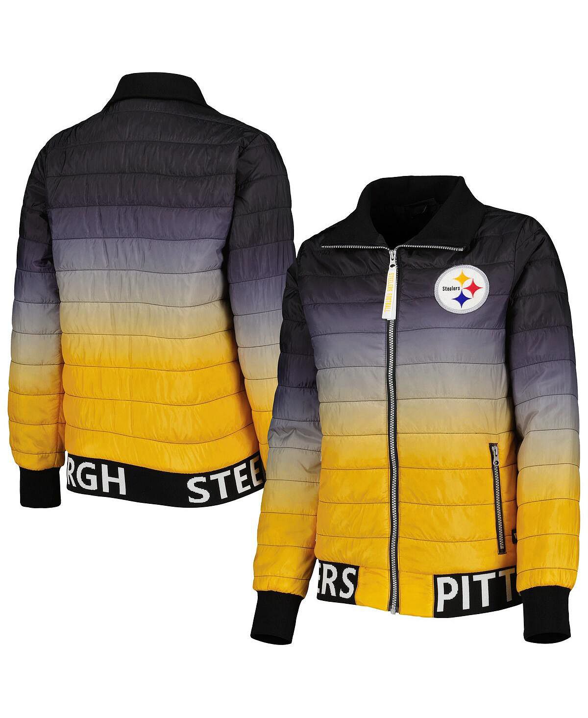 Женская черно-золотая куртка-пуховик Pittsburgh Steelers с цветными блоками и молнией во всю длину The Wild Collective