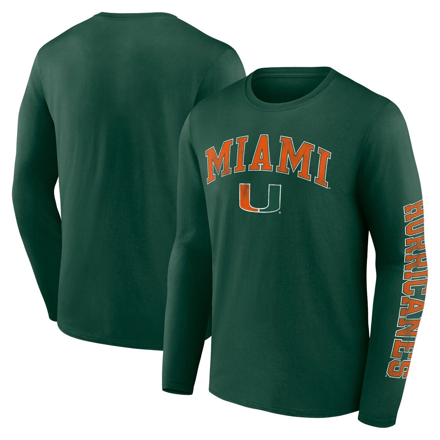 

Мужская зеленая футболка с логотипом Miami Hurricanes с рваной аркой и длинным рукавом Fanatics, Зеленый