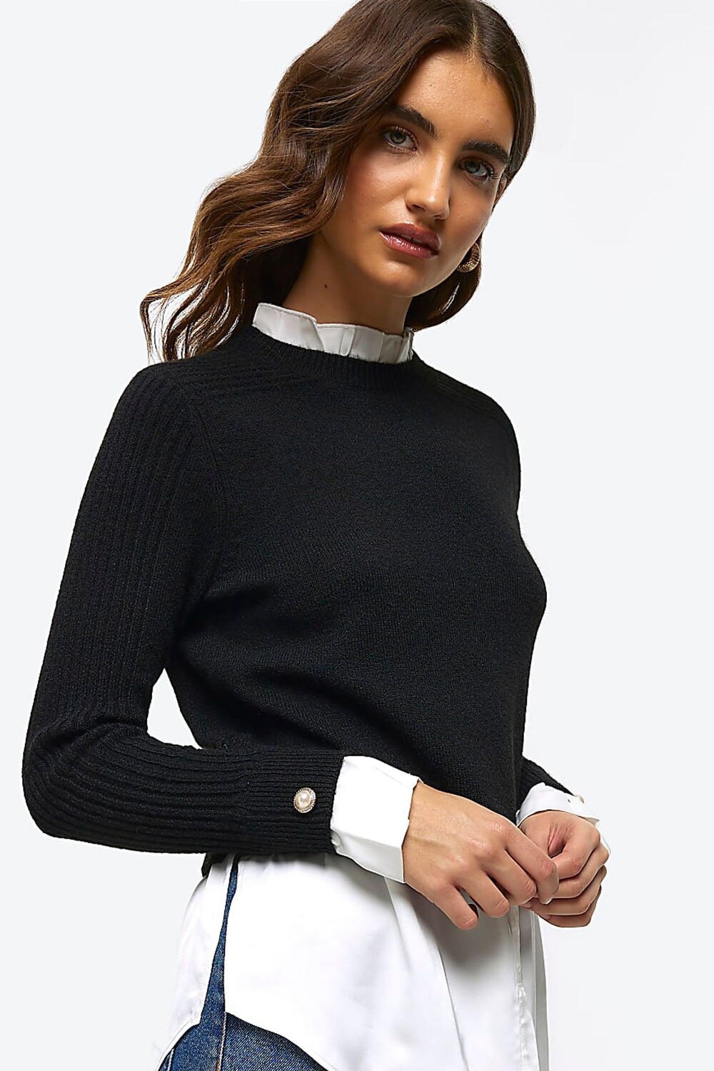 

Атласный гибридный топ-джемпер River Island, черный
