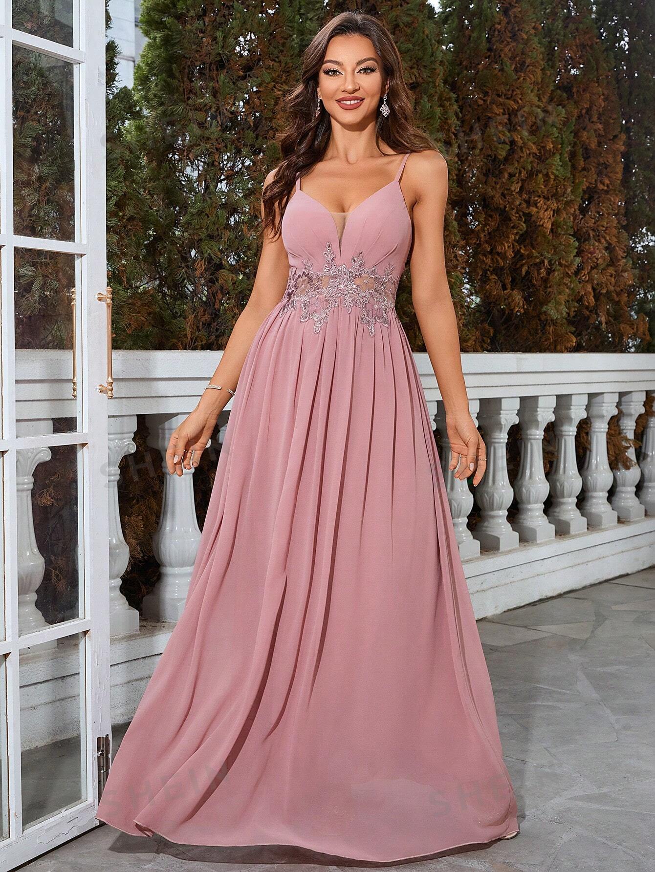 SHEIN LUNE Шифоновое платье-комбинация с вышивкой и завязкой на талии, розовый