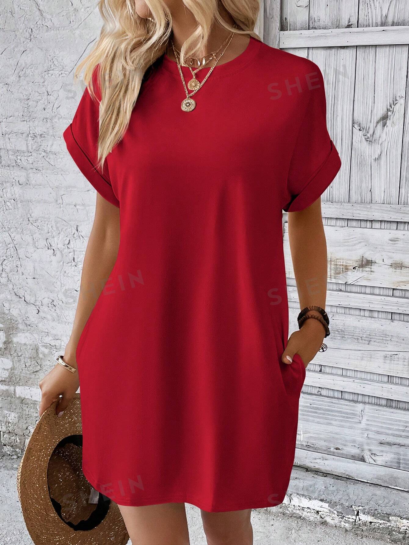 SHEIN LUNE Однотонное платье с рукавами «летучая мышь» и диагональными карманами, красный