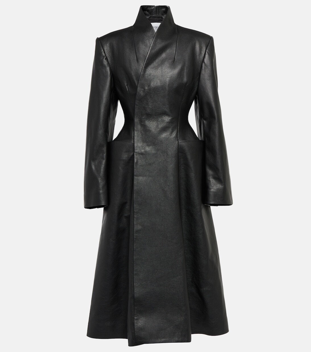 

Расклешенное кожаное пальто миди в песочных часах BALENCIAGA, черный