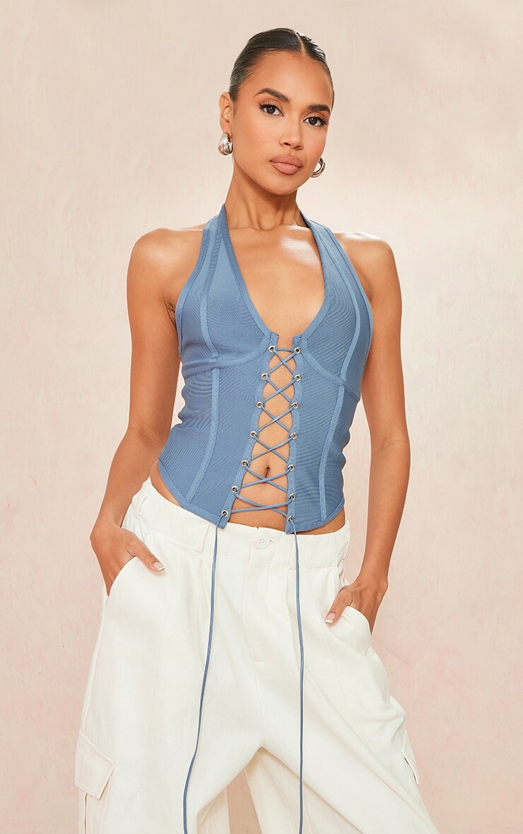 

PrettyLittleThing Синий корсет на шнуровке с бретельками на шее