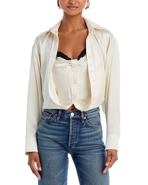

Шелковая рубашка на пуговицах с кружевной отделкой alexanderwang.t, цвет Ivory/Cream