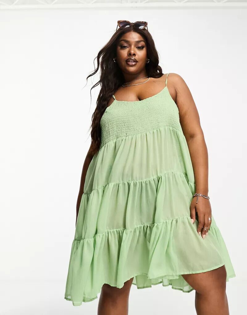 

Пляжное мини-платье со сборками и тонкими бретелями Vero Moda Curve шалфейного цвета