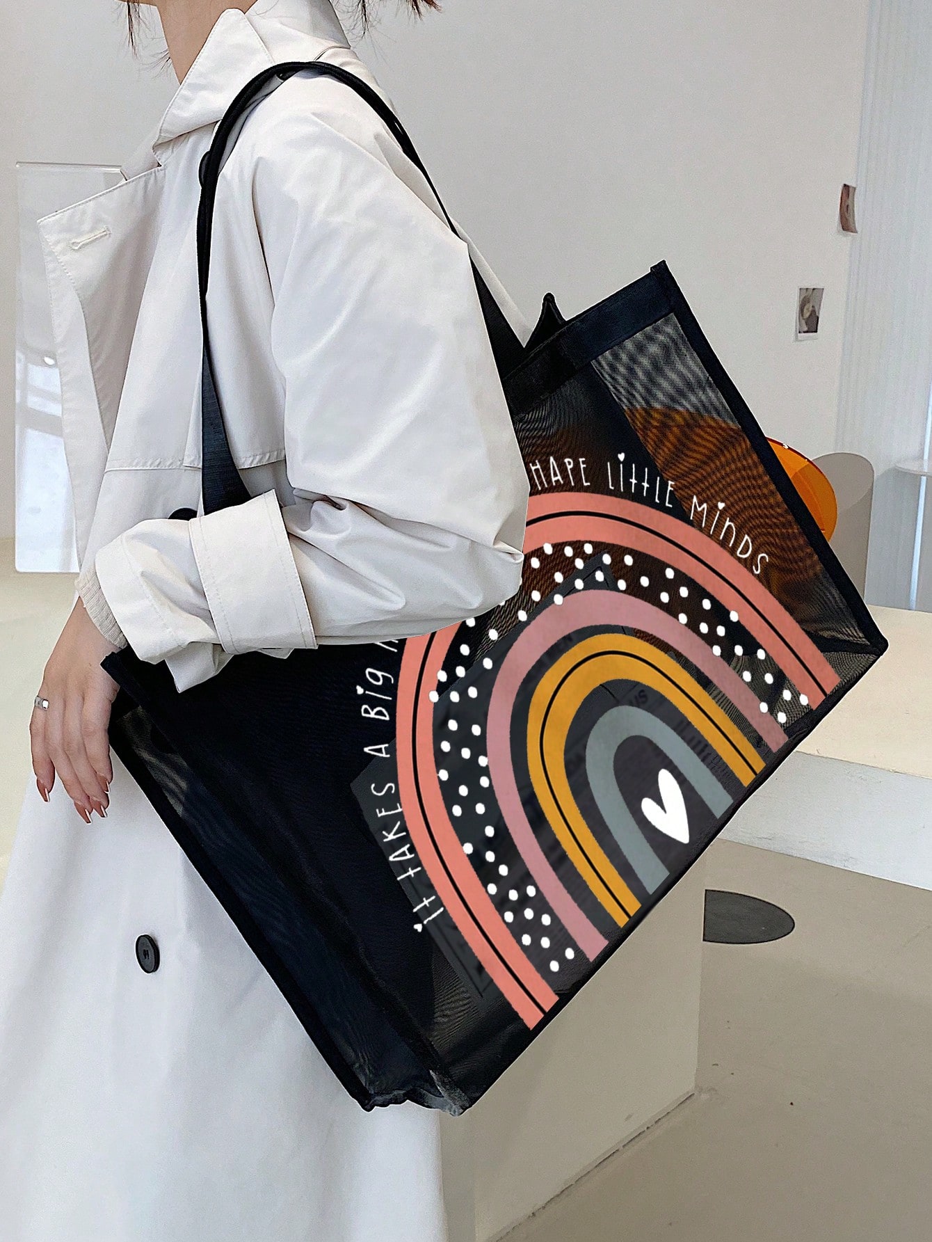Модная сетчатая сумка большой емкости с буквенным декором для хранения на пляже и покупок для девочек-подростков, черный сумка для хранения одежды disney складной шкаф большой вместимости