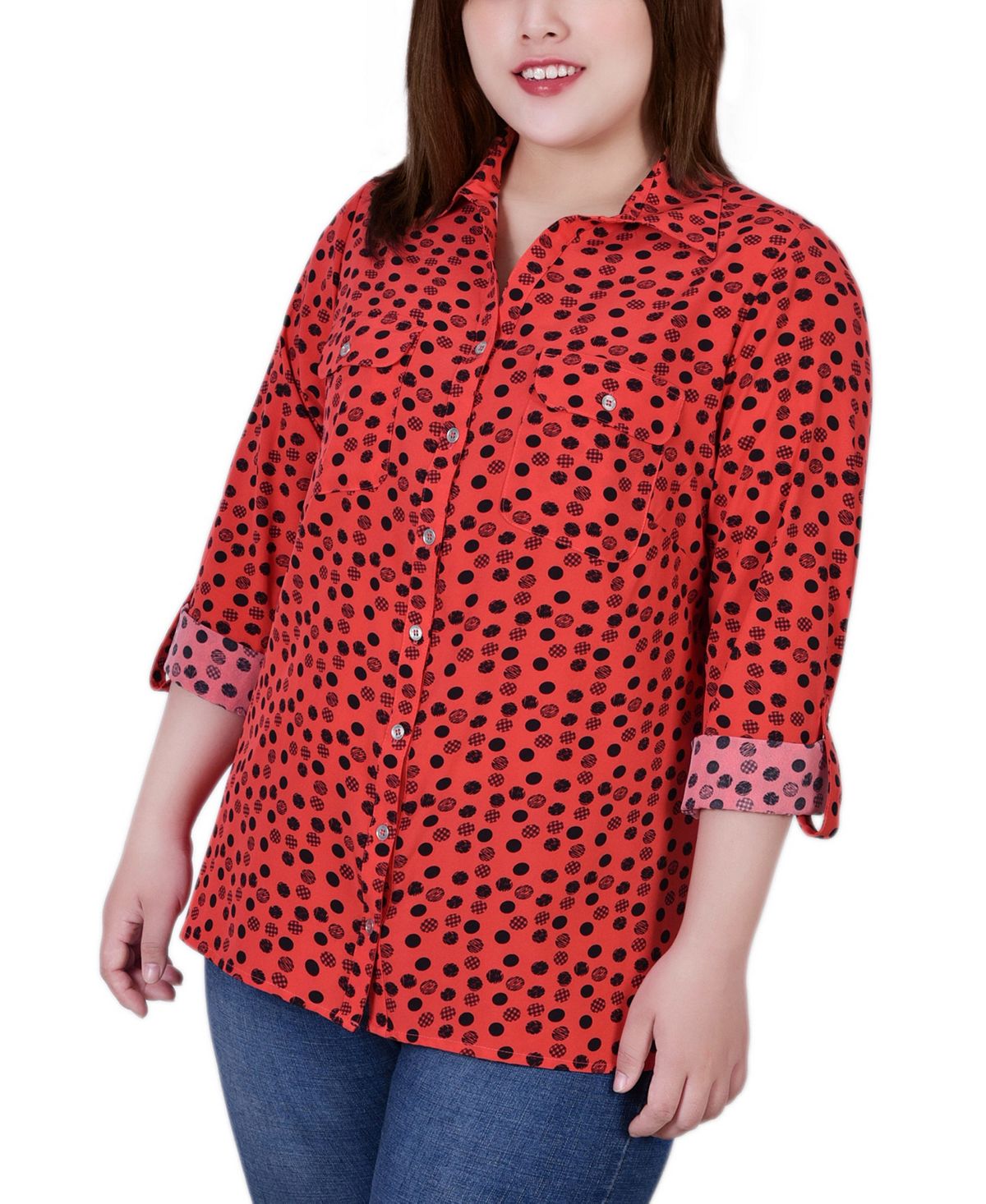 Блузка с воротником-стойкой и рукавами 3/4 больших размеров NY Collection hunting 553 red dot red