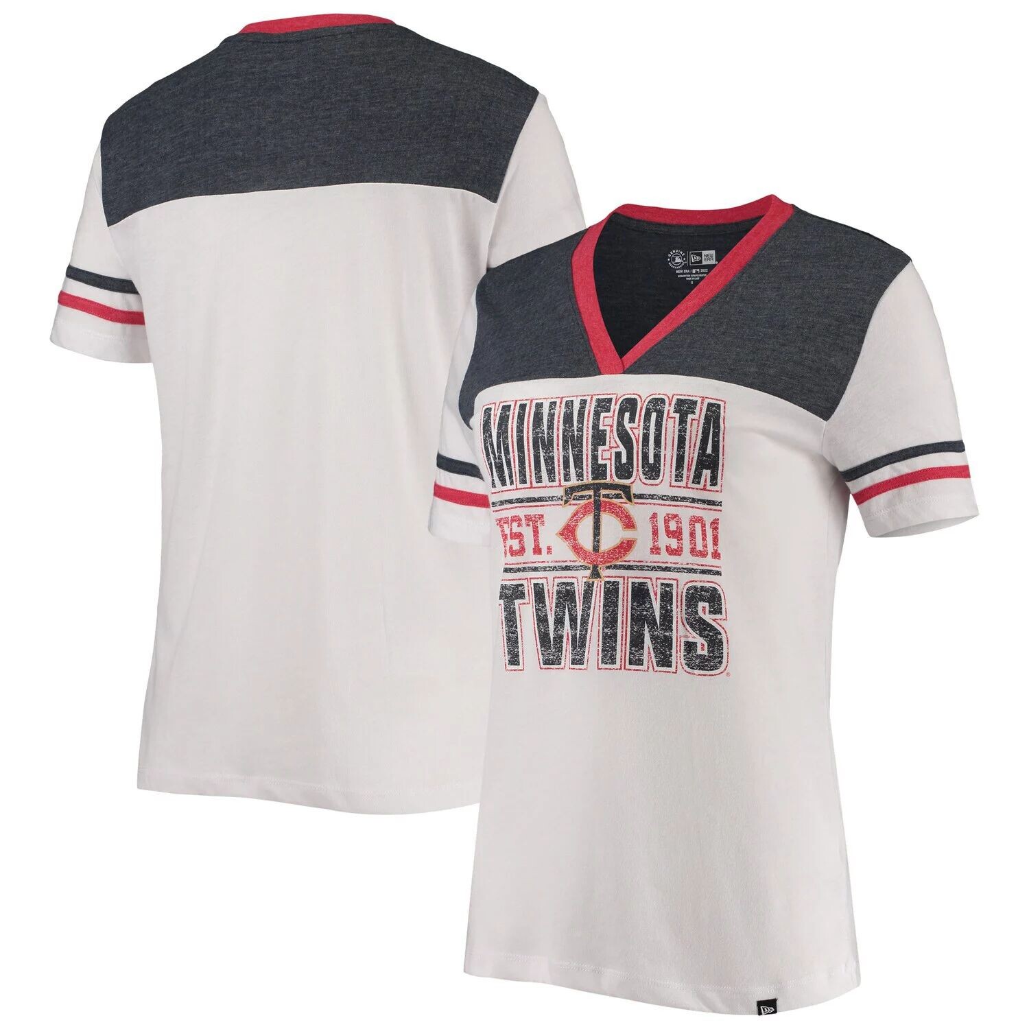 

Женская футболка New Era White/Heared Navy Minnesota Twins с цветными блоками и v-образным вырезом New Era