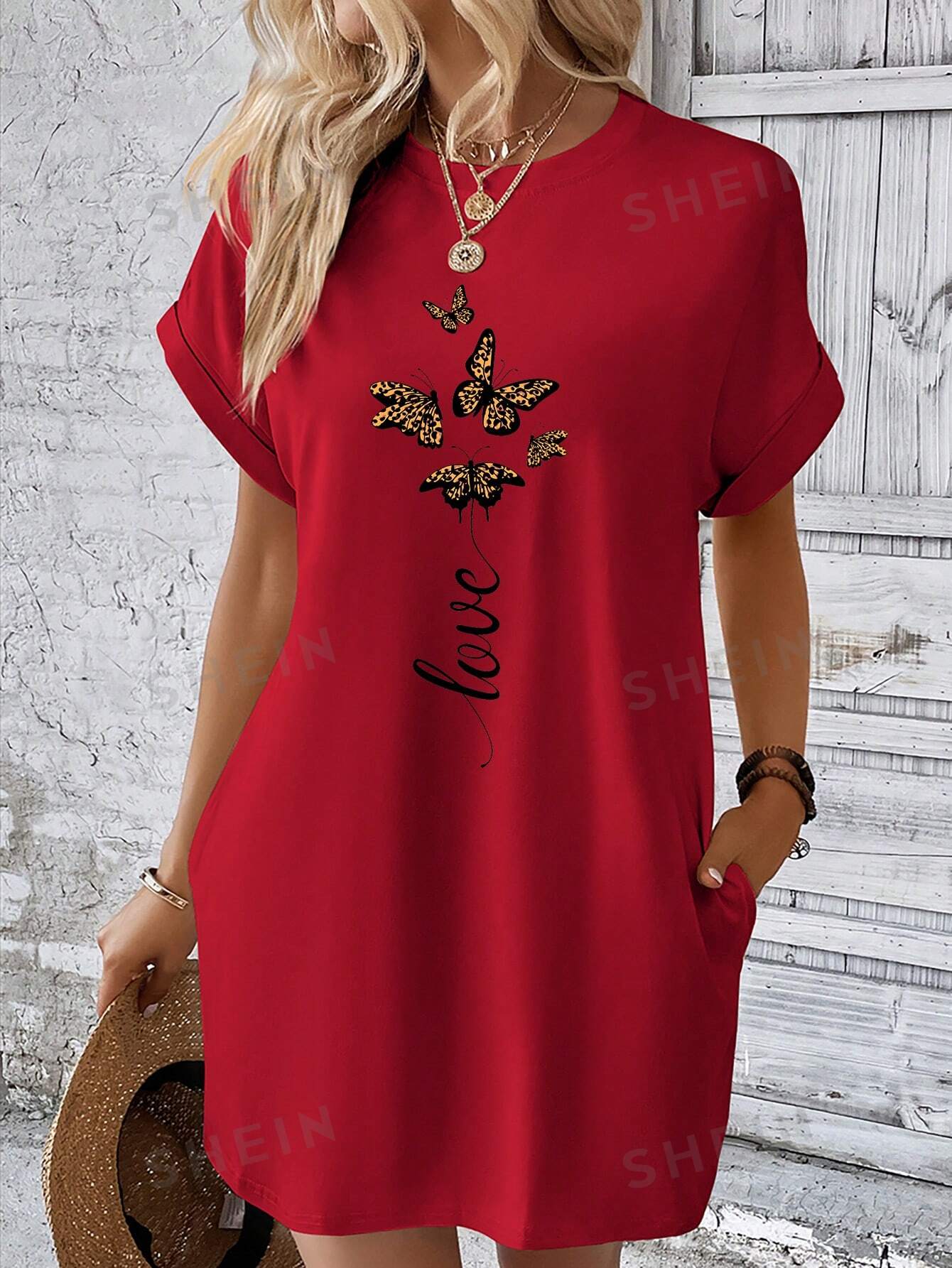 SHEIN LUNE Женское платье-футболка с рукавами «летучая мышь» и принтом бабочки, красный