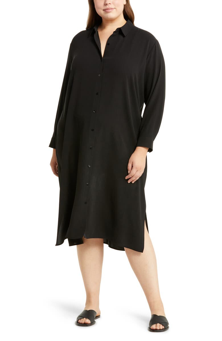 

Шелковое платье-рубашка с расправленным воротником EILEEN FISHER, черный