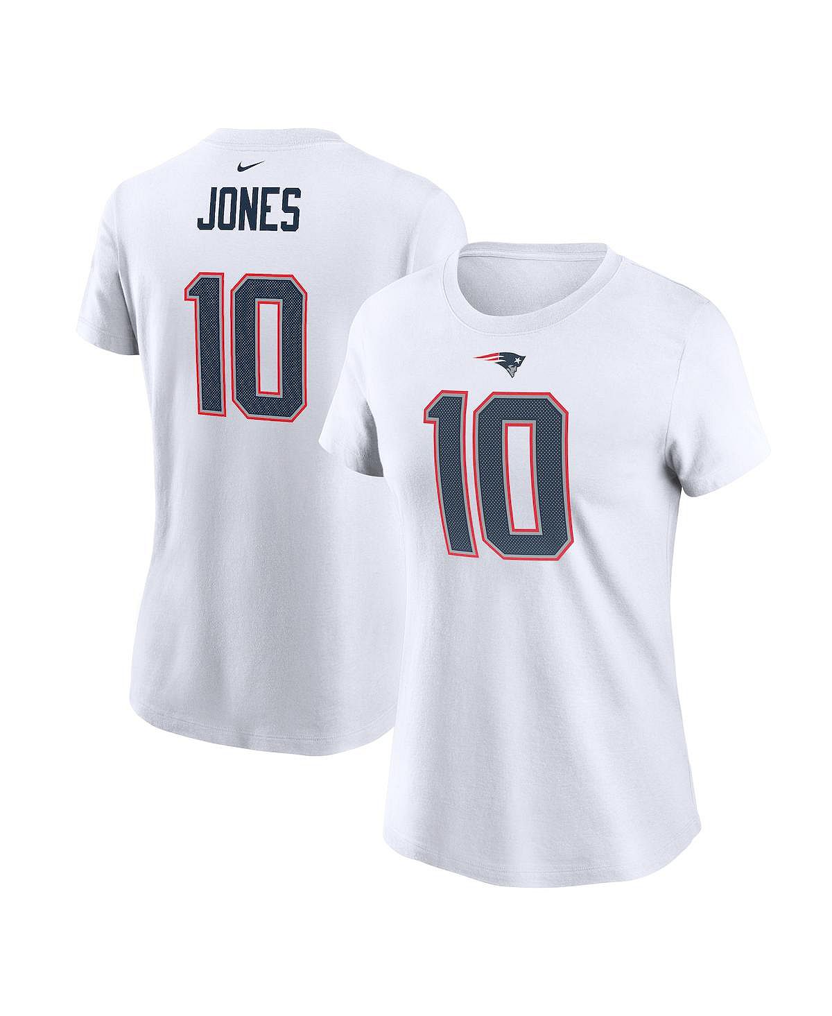 Женская белая футболка Mac Jones New England Patriots с именем игрока и номером Nike, белый