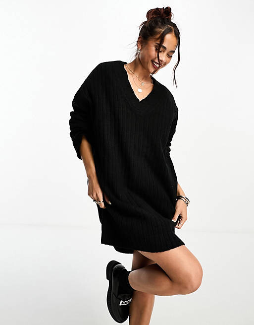 

Черное трикотажное платье-джемпер с v-образным вырезом ASOS DESIGN, Черный