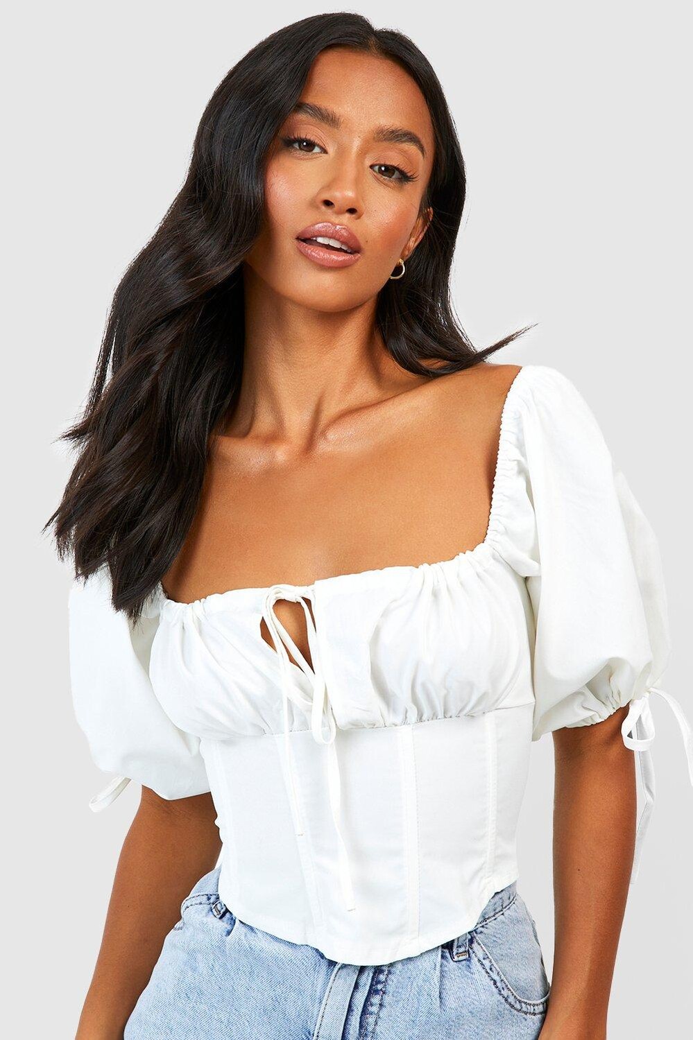 

Корсетовый топ petite milkmaid с пуховыми рукавами Boohoo, белый