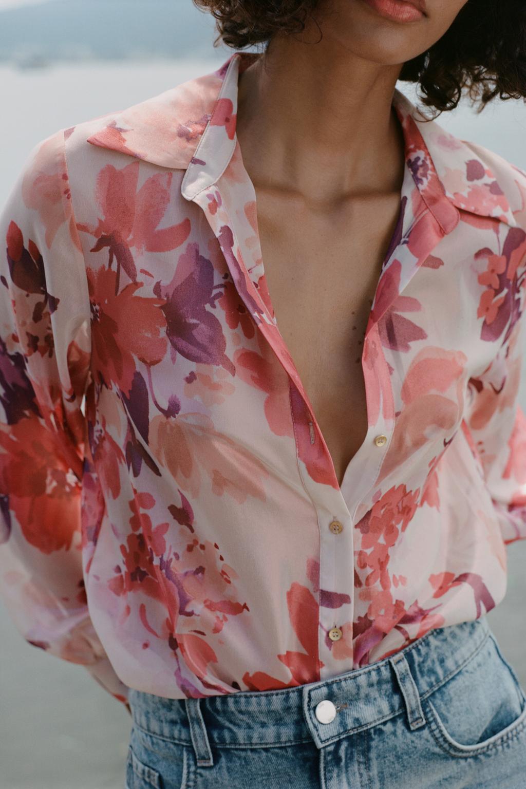 Рубашка с цветочным принтом ZARA, белый/розовый