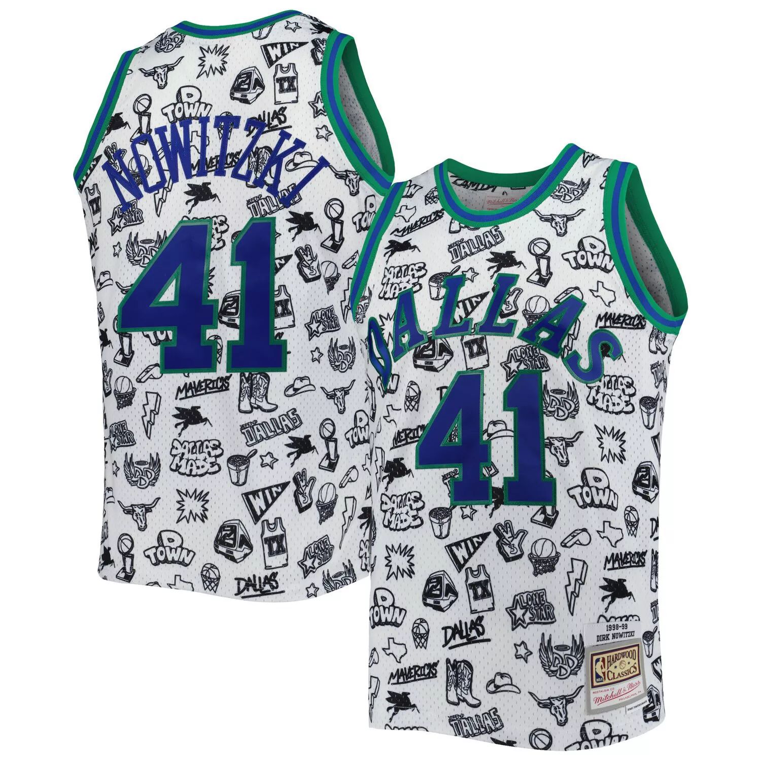 

Мужская майка Mitchell & Ness Dirk Nowitzki White Dallas Mavericks 1998-99 Hardwood Classics Doodle Swingman