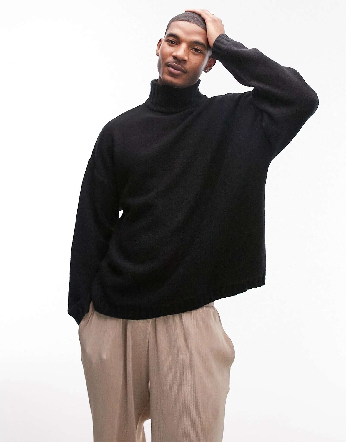 

Черный джемпер с косами и воротником-стойкой Topman