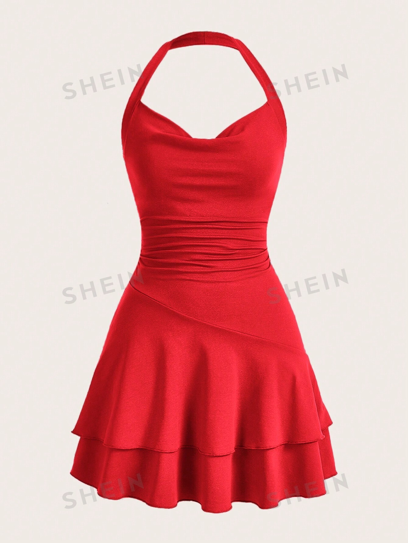 SHEIN MOD однотонное женское платье с бретелькой на шее и многослойным подолом, красная роза цена и фото