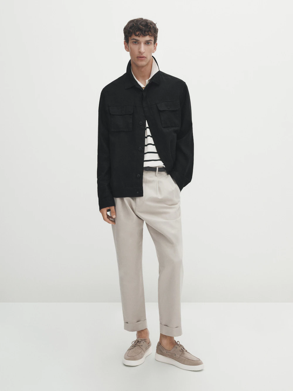 

Свитер из хлопка поло с текстурированной полоской Massimo Dutti, кремовый, Бежевый