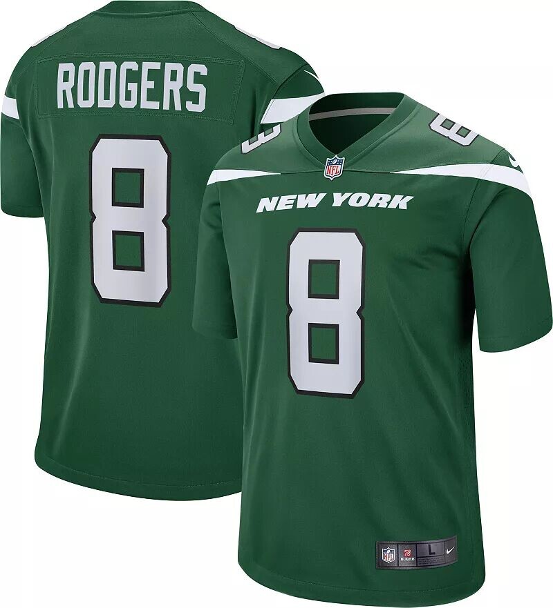 

Мужское джерси зеленого цвета Nike New York Jets Aaron Rodgers #8