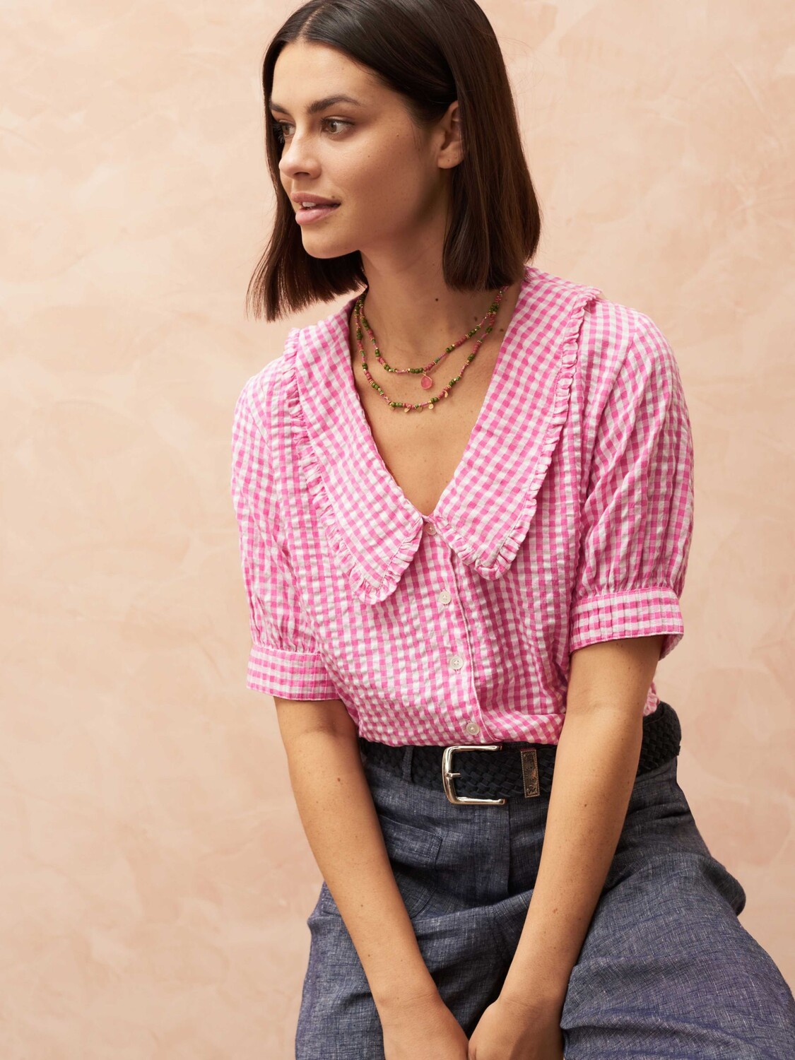 

Рубашка с воротником челси Brora Gingham, пион