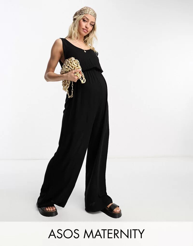 

Черный жатый пляжный комбинезон ASOS DESIGN Maternity