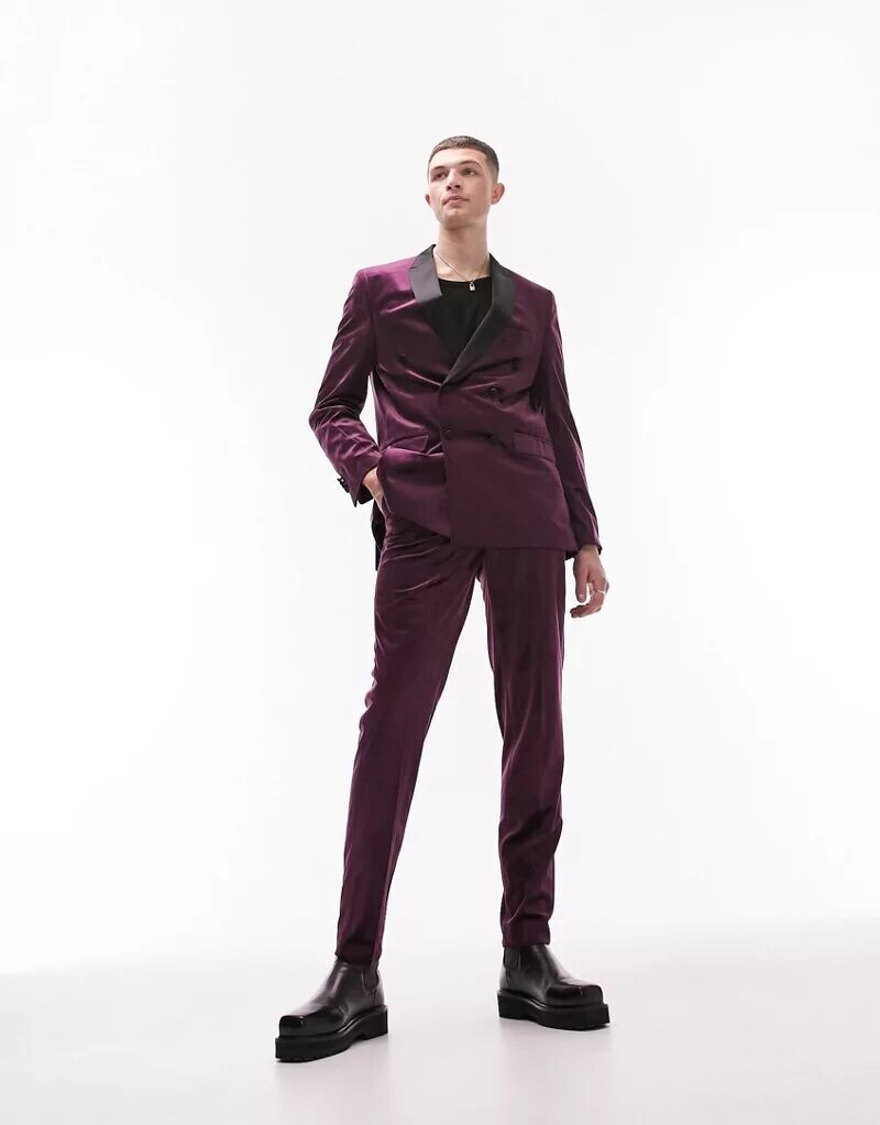 

Фиолетовые бархатные костюмные брюки зауженного кроя Topman