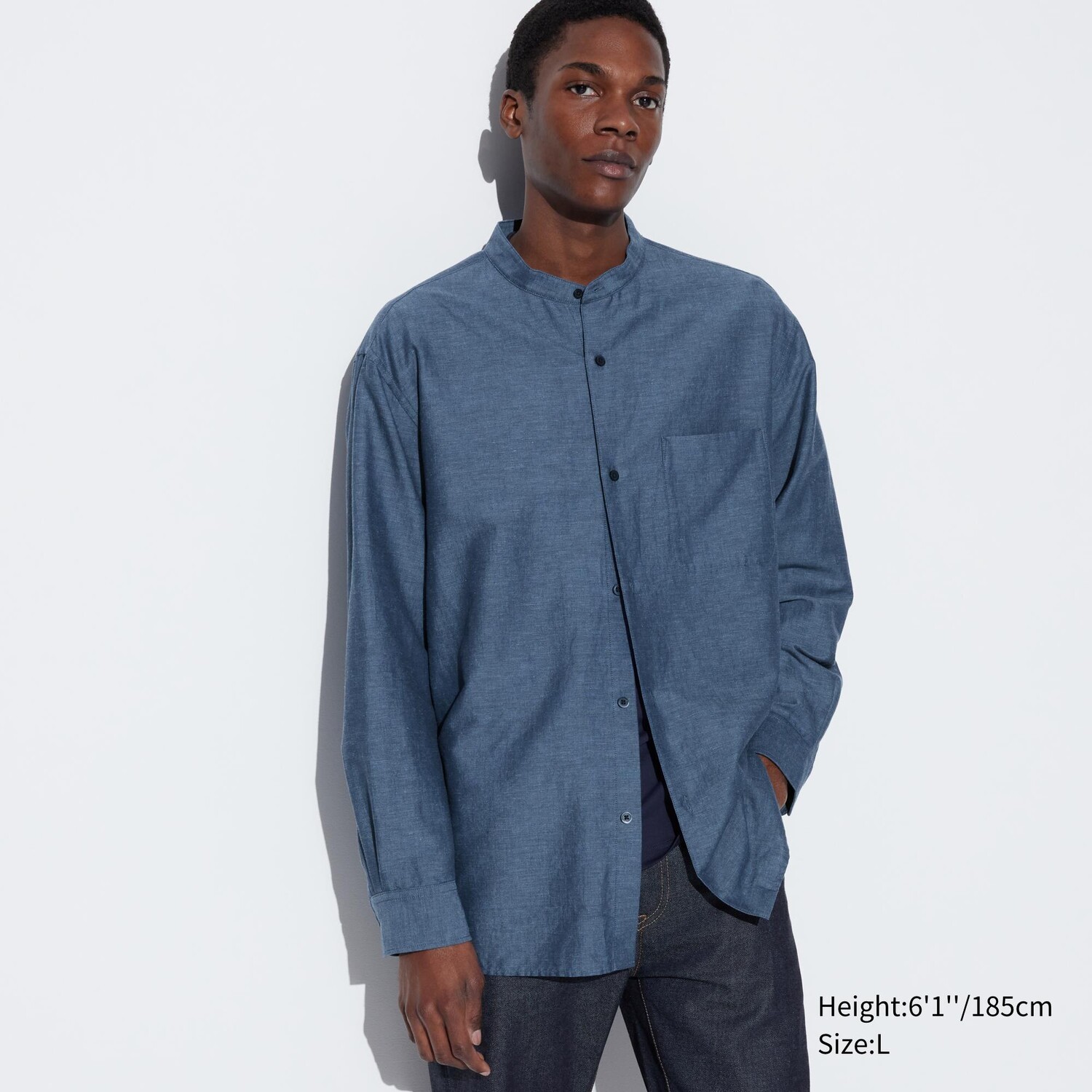 

Рубашка из хлопкового льна с вырезом мао UNIQLO, синий