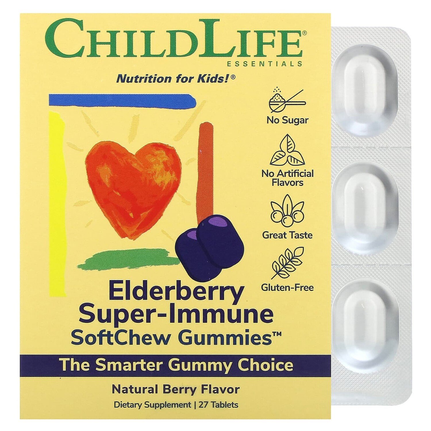 

Super-Immune SoftChew Gummies, жевательные таблетки с бузиной для детей, со вкусом натуральных ягод, 27 таблеток, ChildLife Essentials