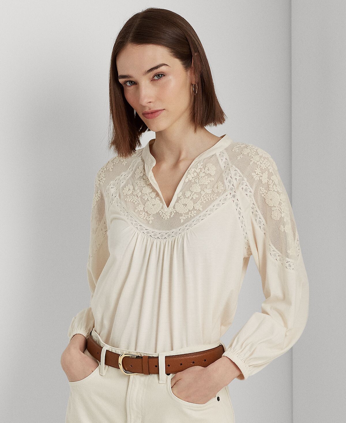 

Женский трикотажный топ с вышивкой и блузоном с рукавами Lauren Ralph Lauren