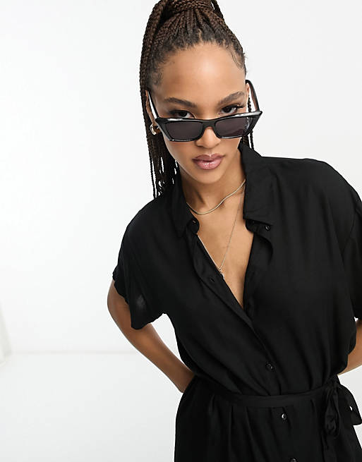 Черное платье-рубашка миди с поясом Vero Moda