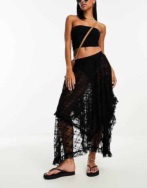 

Черная кружевная асимметричная юбка миди Free People