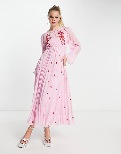 

Розовое платье миди с плиссированными рукавами и завязками на спине ASOS DESIGN с красной вышивкой, Красный