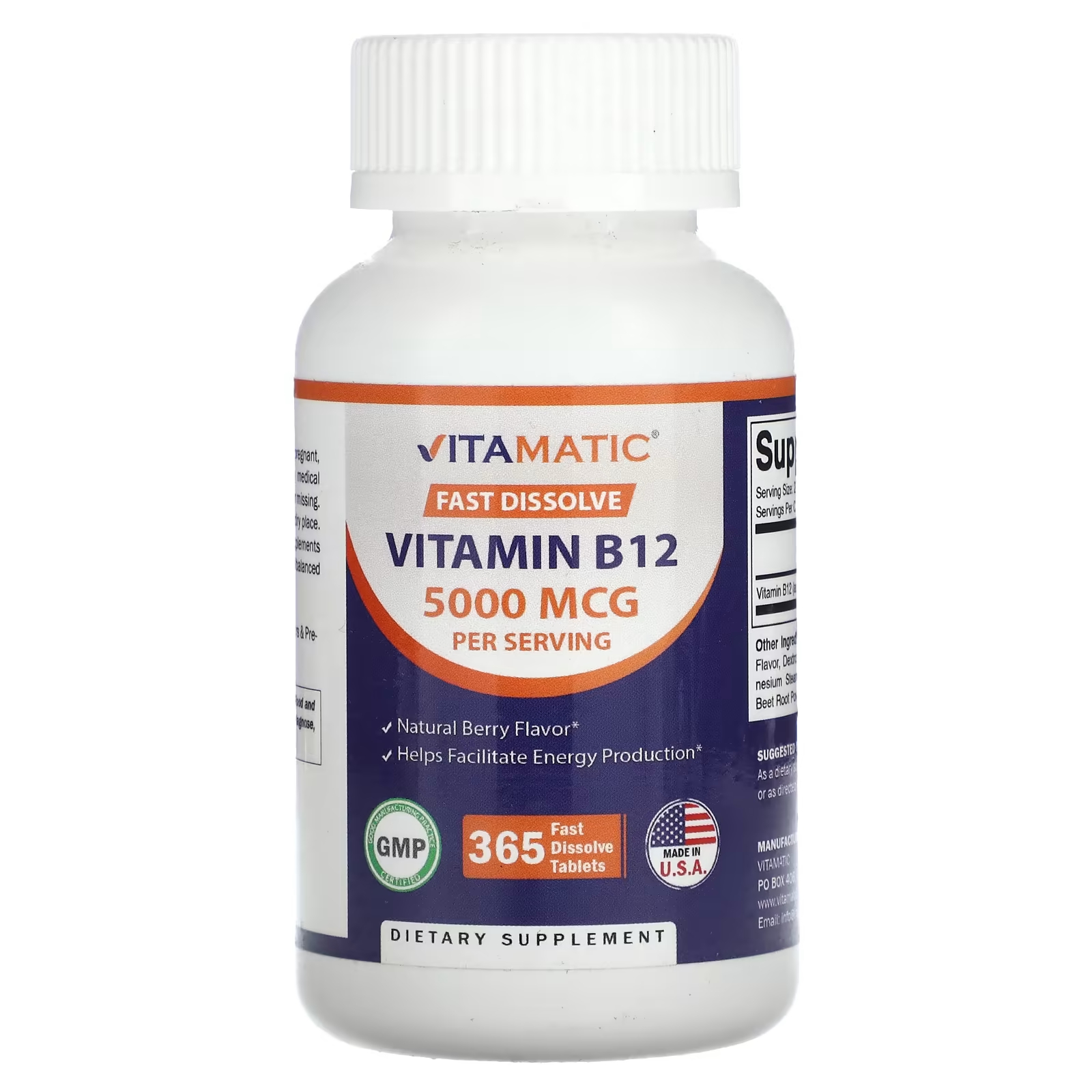 Витамин B12 Vitamatic 5000 мкг ,365 быстрорастворимых таблеток фолиевая кислота b6 и b12 vitamatic natural berry 180 быстрорастворимых таблеток