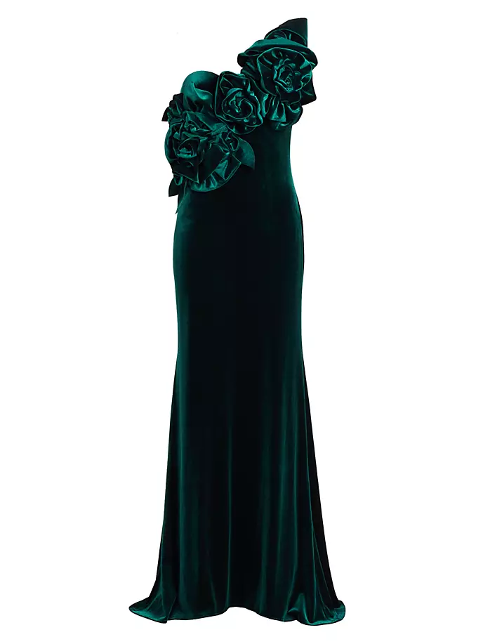 

Бархатное платье на одно плечо с однотонной розеткой Badgley Mischka, цвет emerald