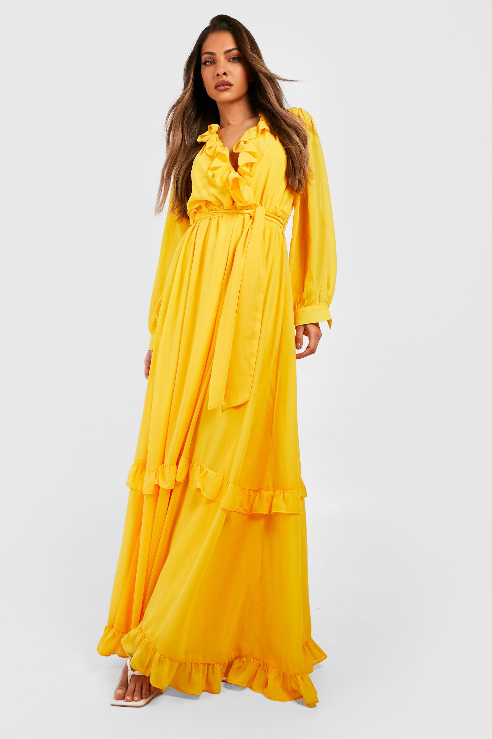цена Шифоновое платье макси с рюшами в стиле бохо boohoo, желтый