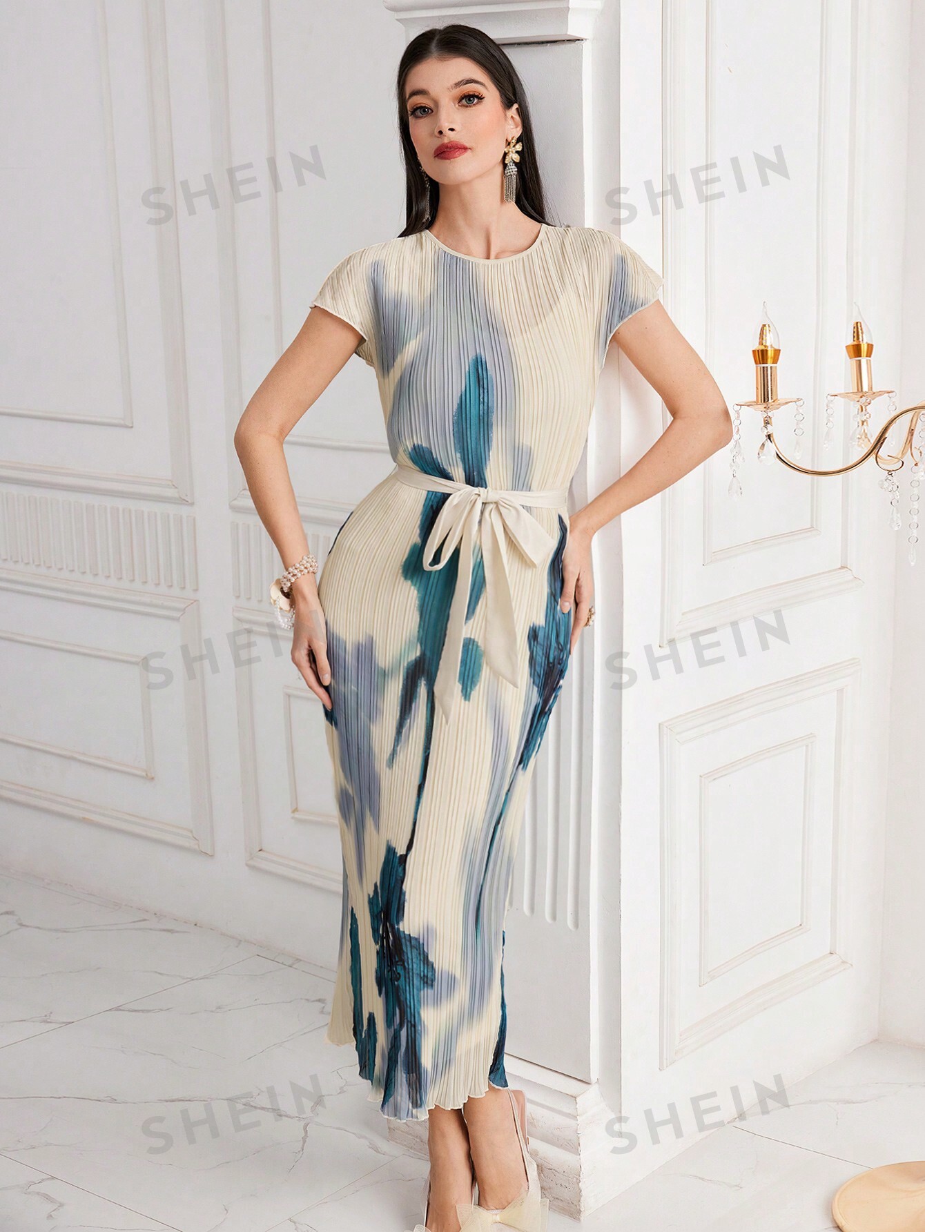 SHEIN Modely женское облегающее платье миди с круглым вырезом и короткими рукавами с принтом тай-дай, синий и белый