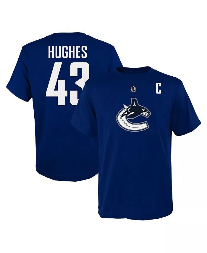 

Футболка Big Boys and Girls Quinn Hughes Blue Vancouver Canucks с именем капитана и номером игрока Outerstuff, синий