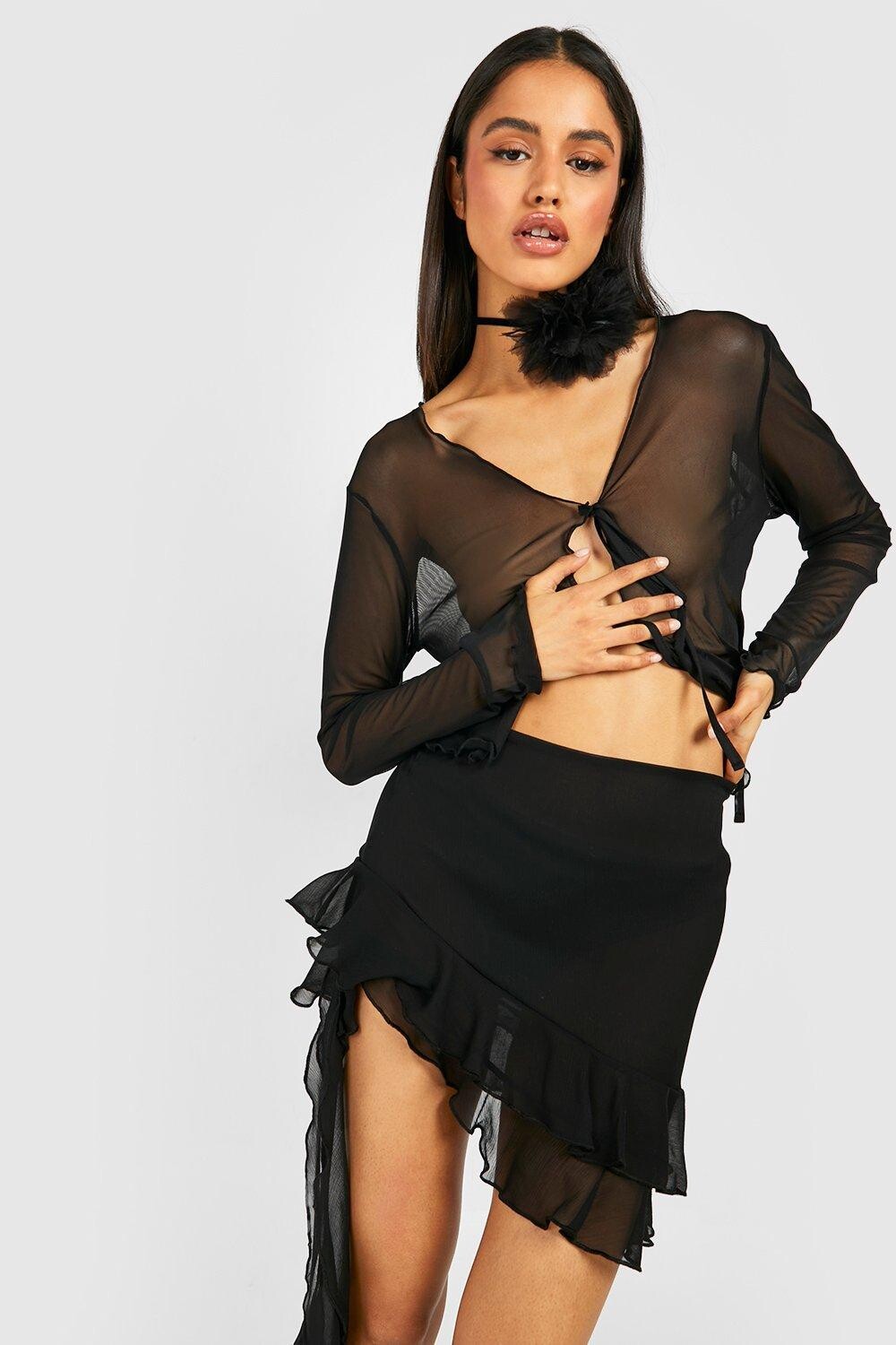 

Прозрачная мини-юбка с оборками Boohoo, черный