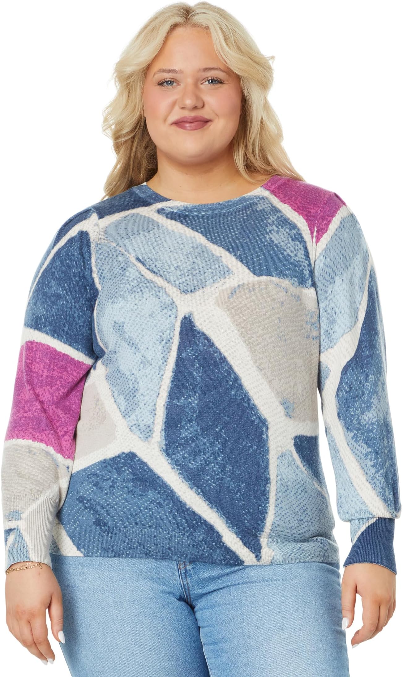 цена Женский свитер с рукавами размера плюс с принтом в виде плитки NIC+ZOE, цвет Blue Multi