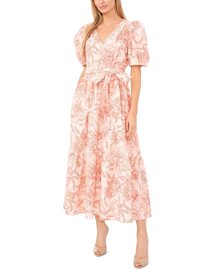 Платье CeCe Printed Linen Puff Sleeve V-Neck Maxi, цвет Sweet Rose