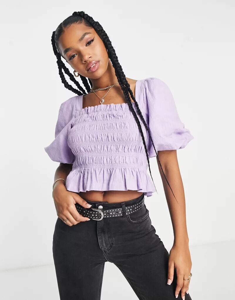 

Сиреневая блузка из ткани с эффектом льна и объемными рукавами Miss Selfridge