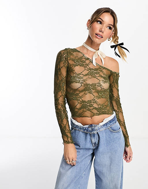 

Прозрачный кружевной топ цвета хаки ASOS DESIGN