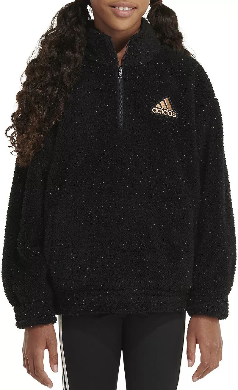 

Пуловер с люрексом Adidas для девочек с воротником-стойкой и мехом, черный